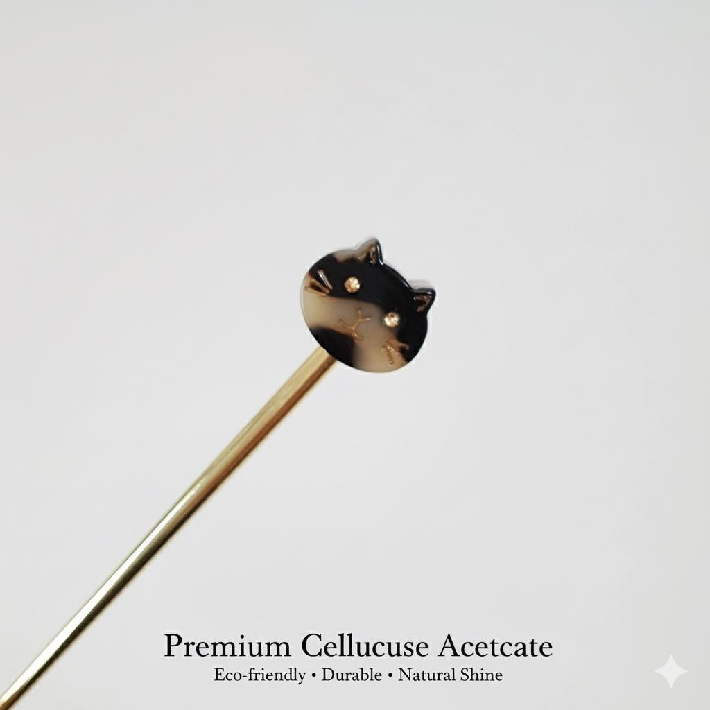 Chic Cat Metal Hair Stick (6.0 Inch) / Tortoise Shell French Hair Pin / Cute Fork Comb / Hair Clasp for Woman
