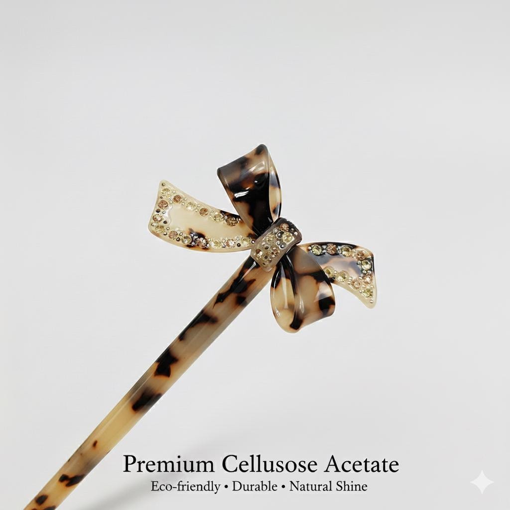 Leopard Double Ribbon Long Hair Stick with Cubic (7.3 Inch) / Tortoise Shell French Hair Pin / Hair Fork for Thick Hair