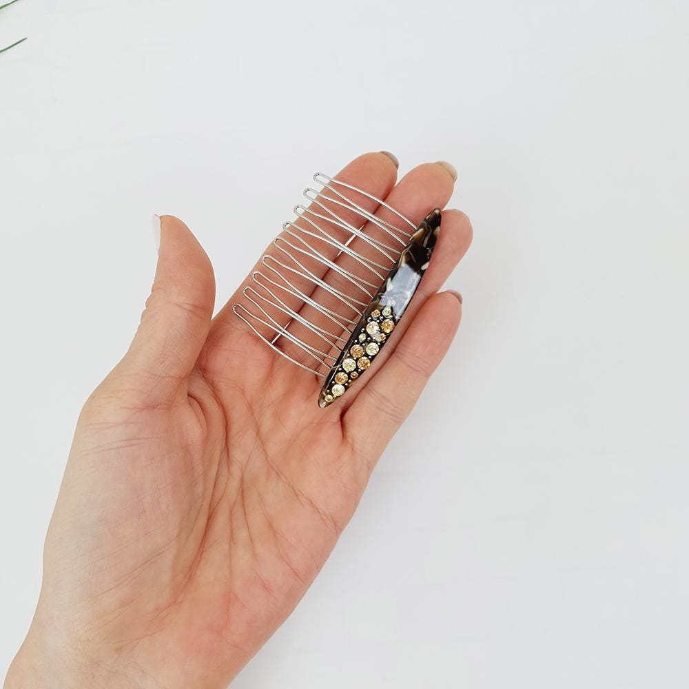 Tortoise Shell Long Oval Hair Comb Pin with Cubic / Vintage French Hair Pin / Hair Fork for Woman
