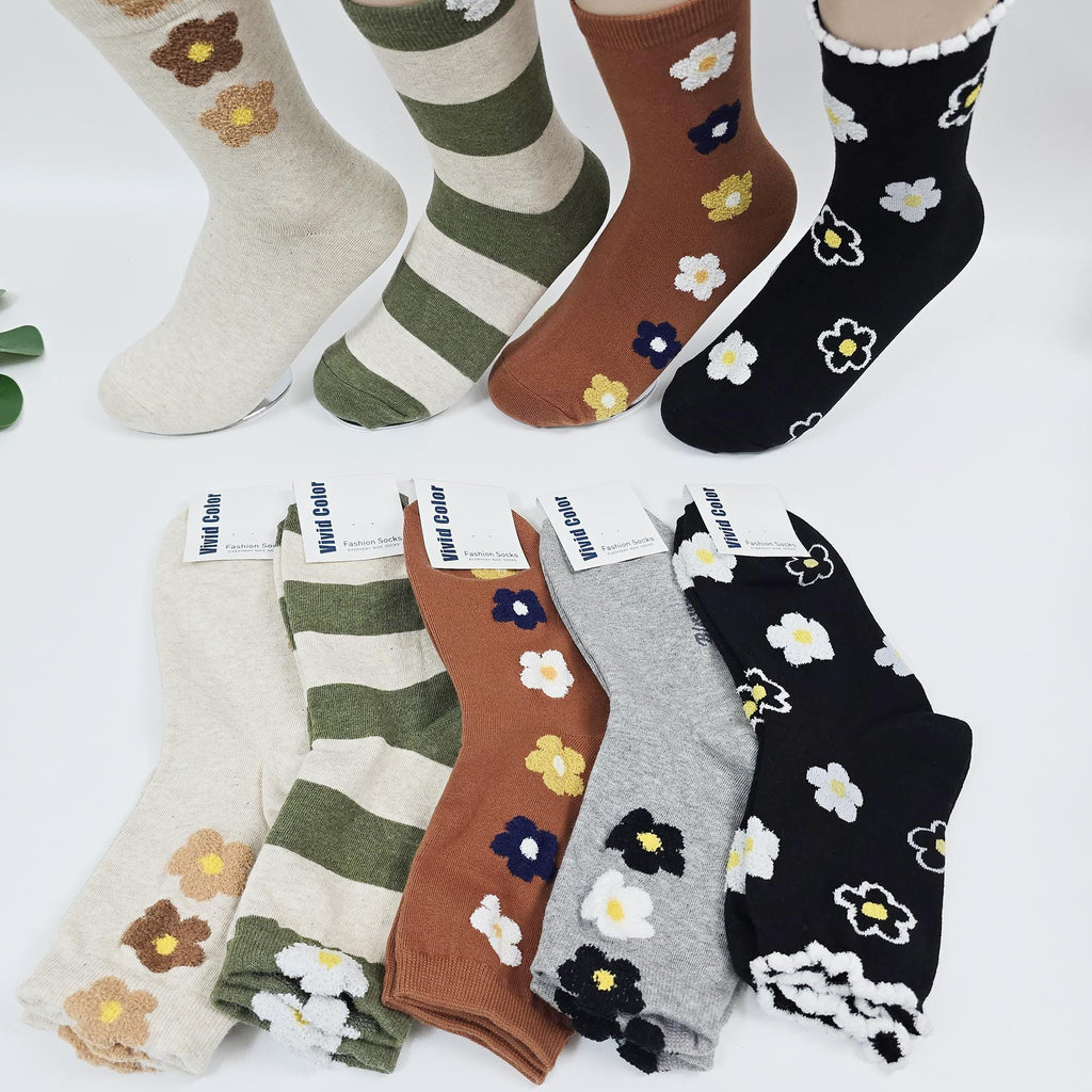 Floral Crew Socks | Soft Cotton Breathable Mid Calf | Korean Socks | Unique Gift for Her