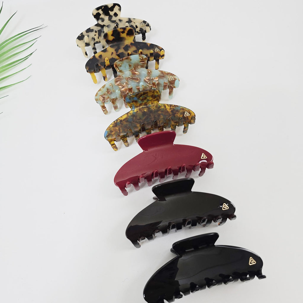 Cellulose acetate curved half moon hair claw clip in tortoise shell and solid colors, durable strong hold accessory for women