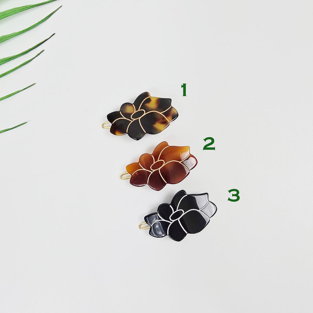 Camellia Floral Acetate Barrette (1.6 Inch) | French Pin | Korean Hair Pin | Small Tortoise Shell Snap Clip