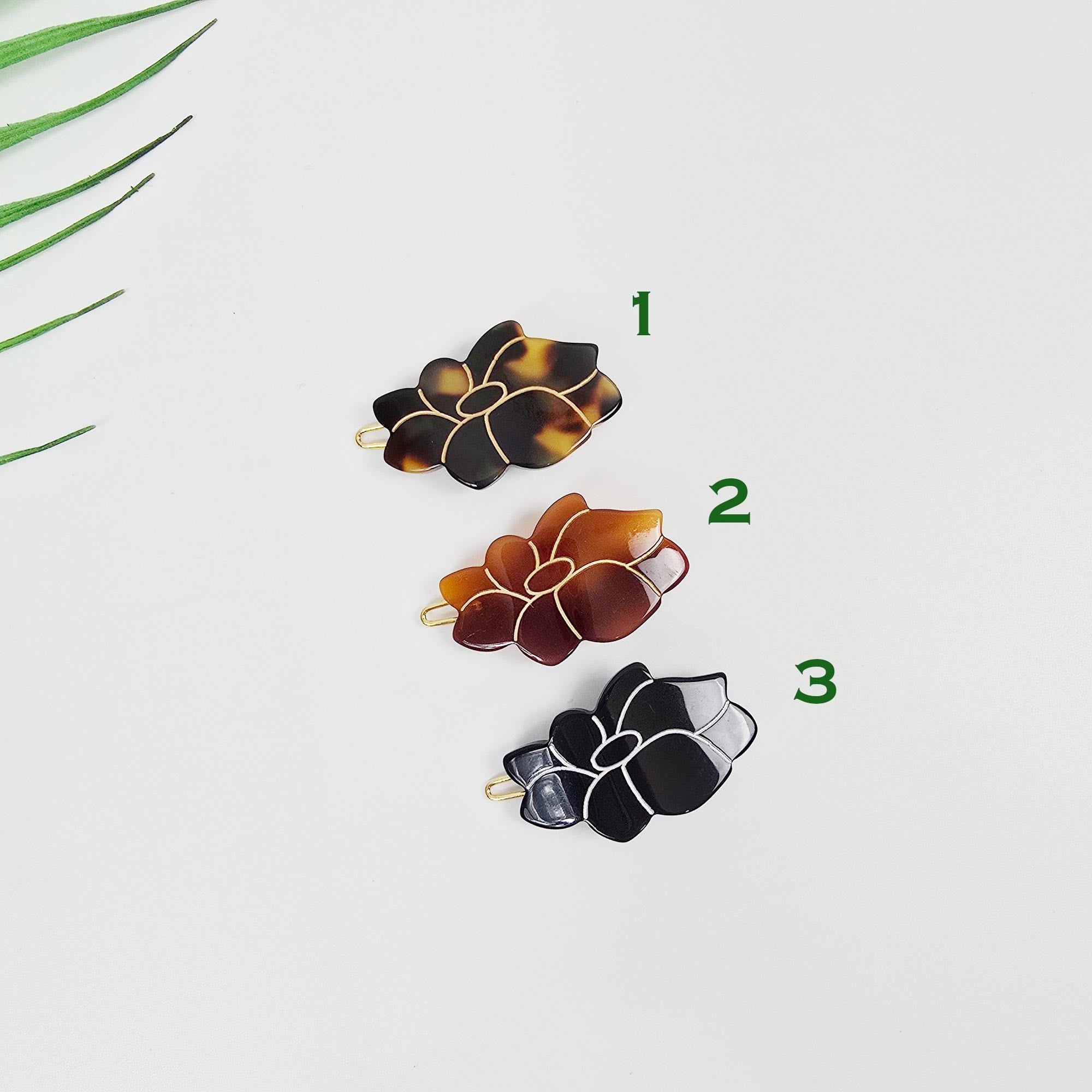 Camellia Floral Acetate Barrette (1.6 Inch) | French Pin | Korean Hair Pin | Small Tortoise Shell Snap Clip