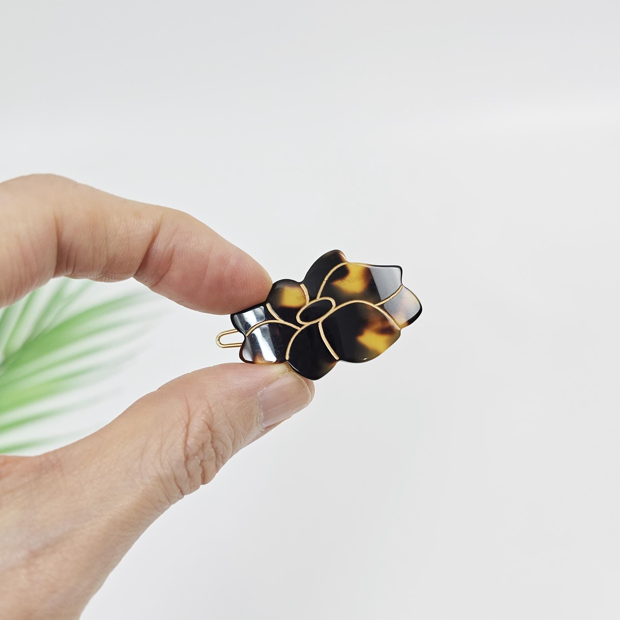 Camellia Floral Acetate Barrette (1.6 Inch) | French Pin | Korean Hair Pin | Small Tortoise Shell Snap Clip