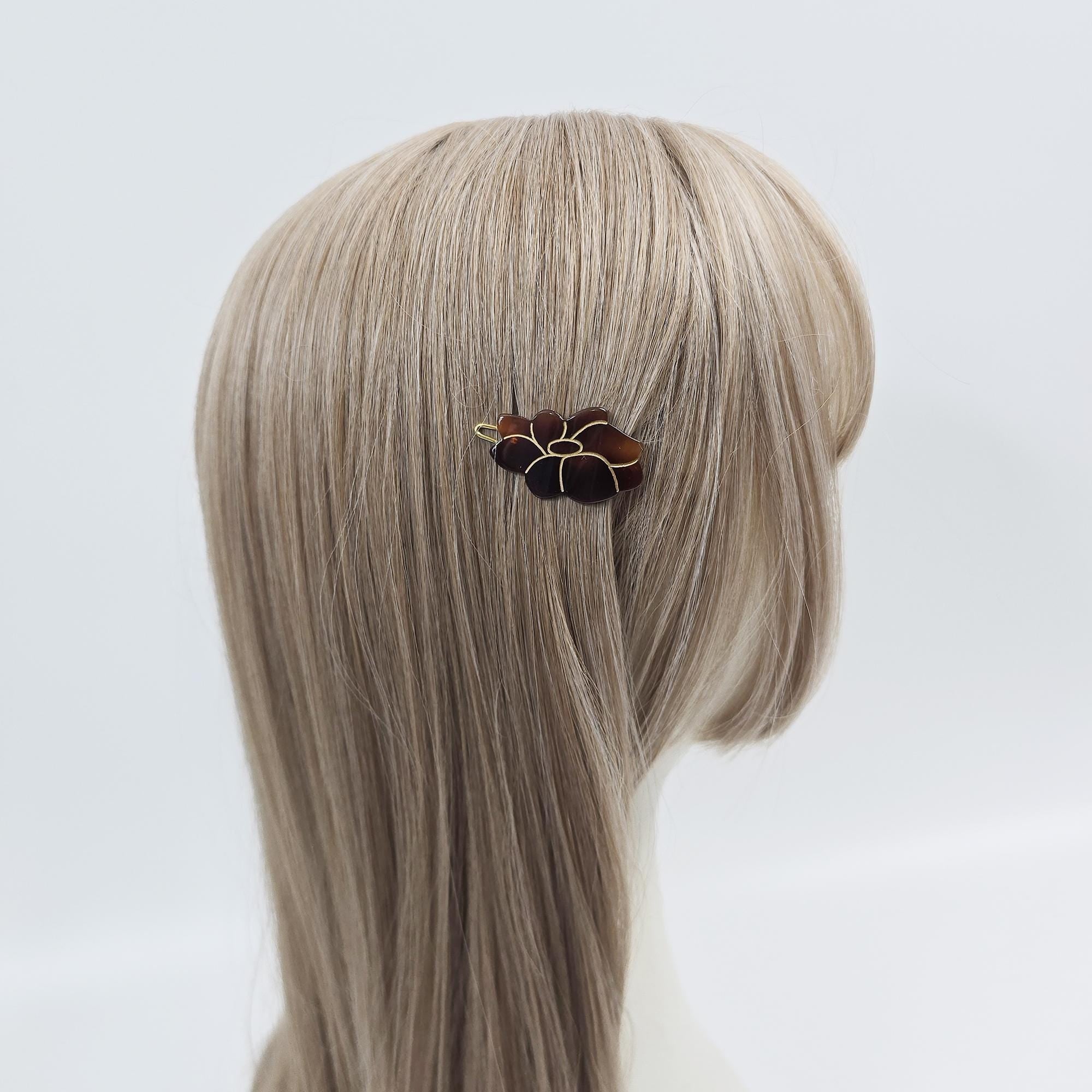Camellia Floral Acetate Barrette (1.6 Inch) | French Pin | Korean Hair Pin | Small Tortoise Shell Snap Clip