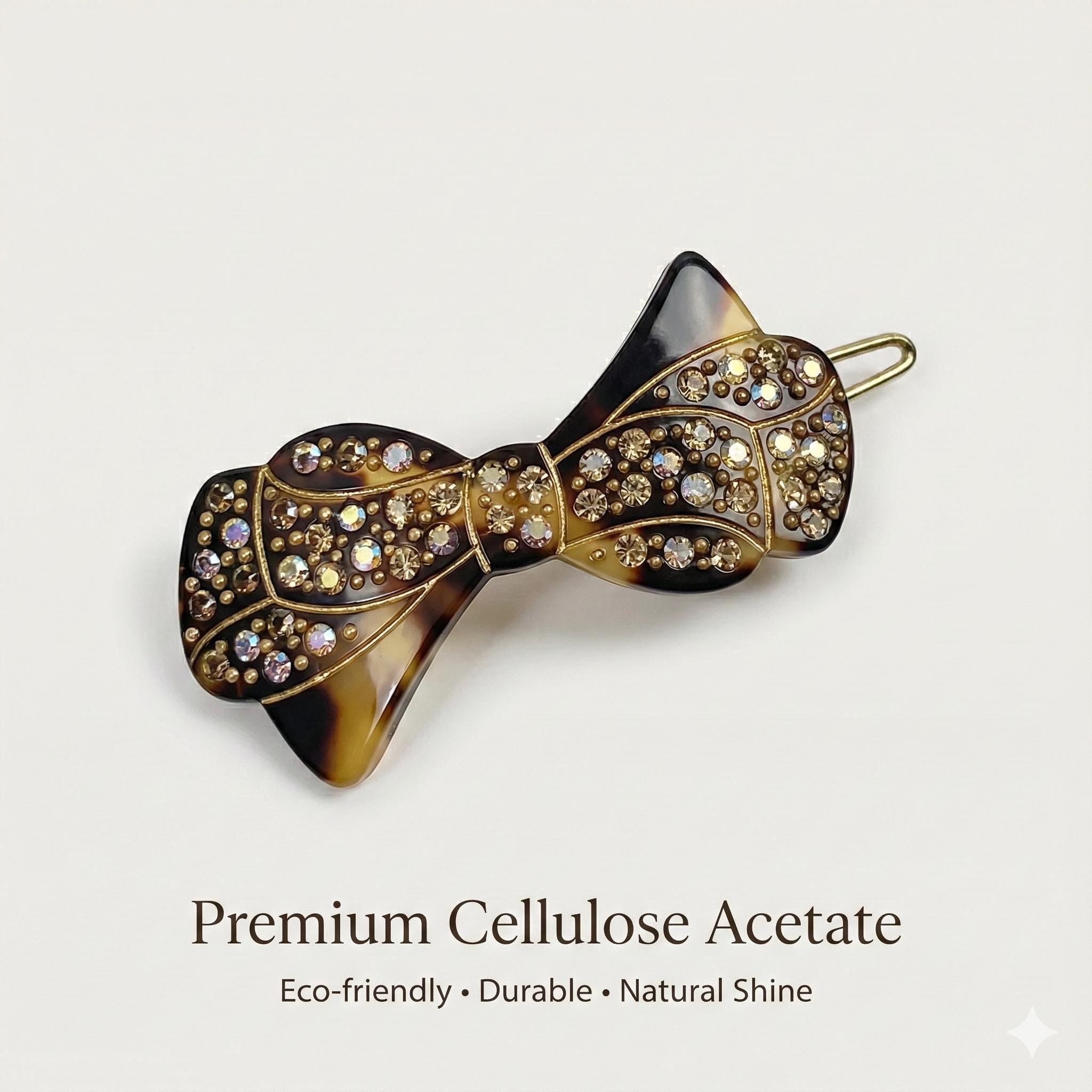Crystal Bow Barrette (1.8 Inch) | French Pin | Korean Hair Pin | Tortoise Shell Accessories