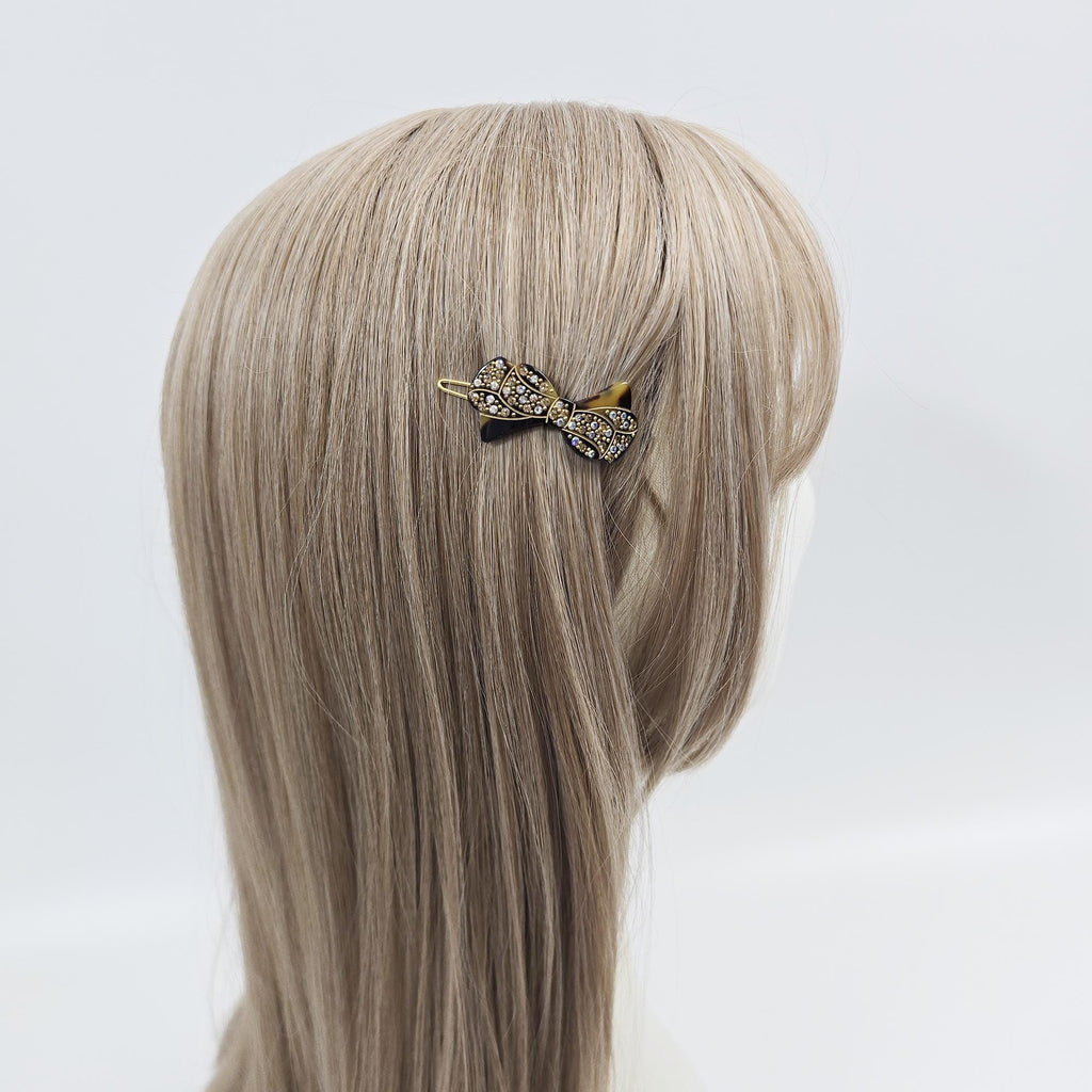 Crystal Bow Barrette (1.8 Inch) | French Pin | Korean Hair Pin | Tortoise Shell Accessories