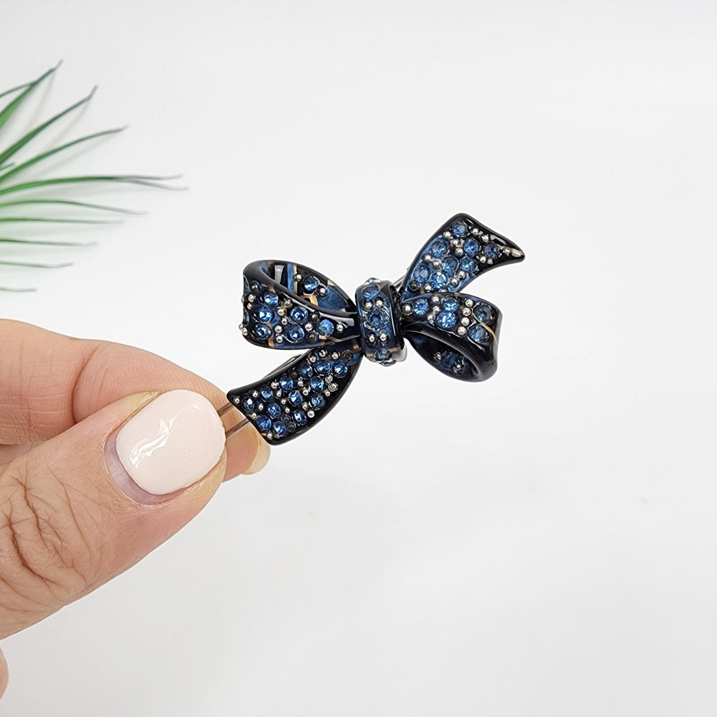 Extra Mini Double Ribbon Bobby Pin with Cubic Stone (1.8 Inch) / Luxurious French Pin / Hair Accessory for Woman / Snap Clip for Thin Hair