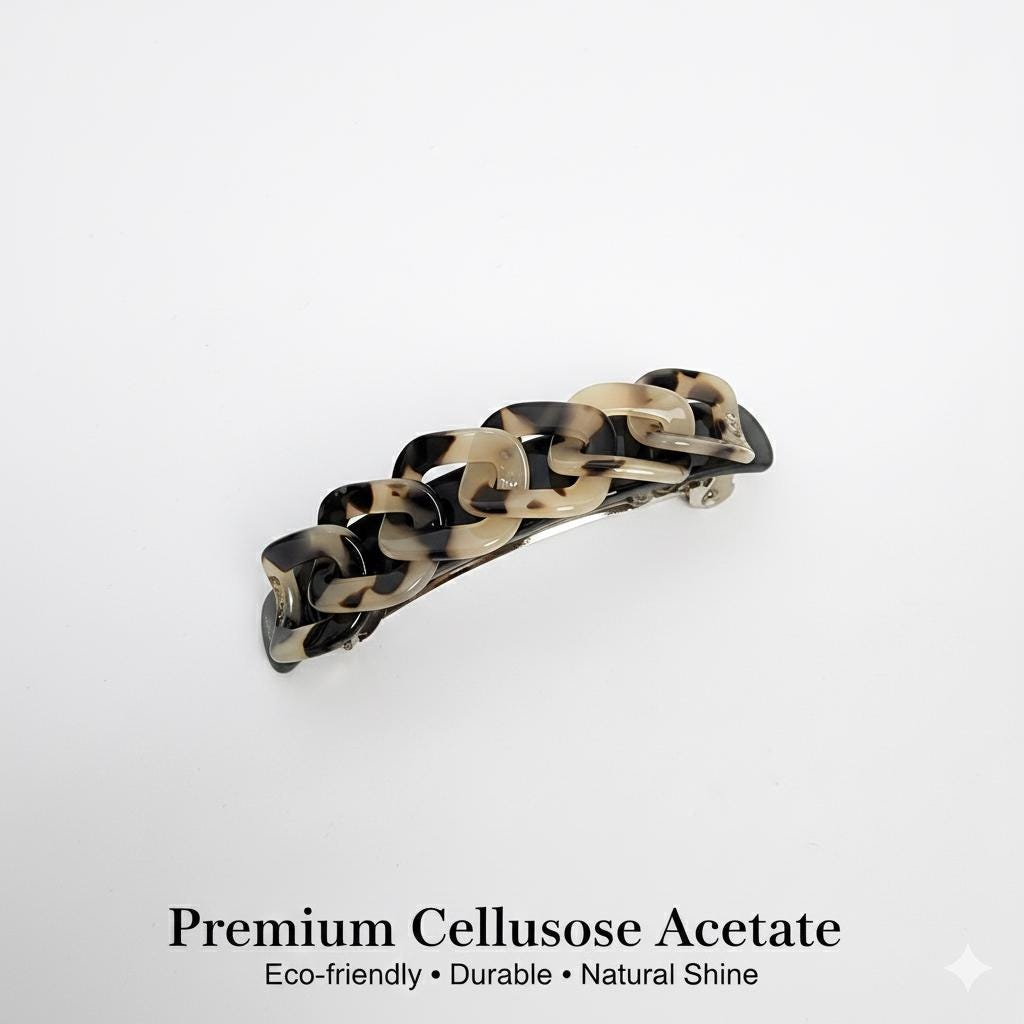 Leopard Square Chain Hair Barrette with Cubic (3.5 Inch) / Tortoise Shell French Hair Pin / Hair Accessory for Woman / Automatic Hair Clip