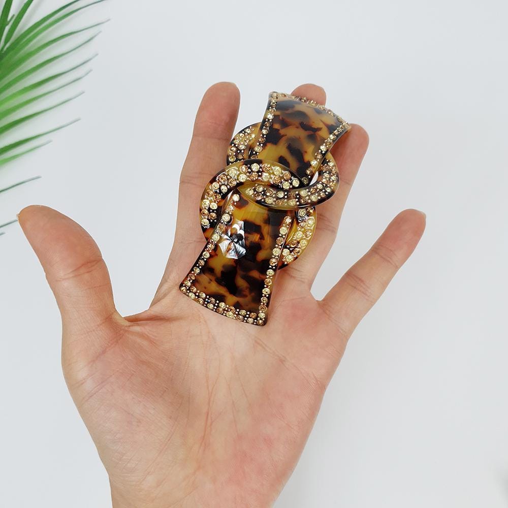 Leopard Luxurious Hair Barrette with Cubic Stone Chain / Tortoise Shell French Hair Pin / Hair Accessory for Woman / Automatic Hair Clip