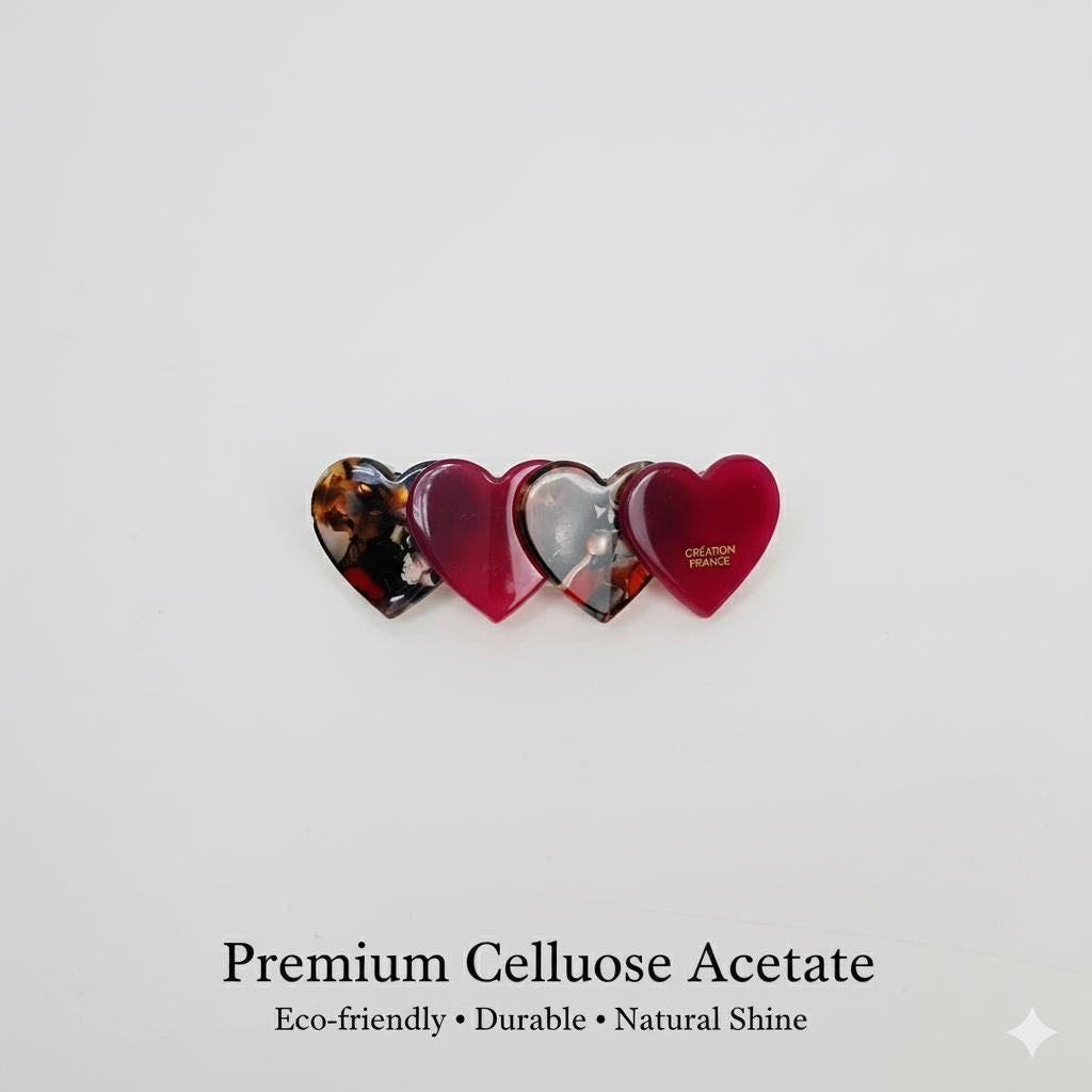 Mix Double Heart Hair Barrette (2.8 Inch) / Tortoise Marble French Hair Pin / Hair Accessory for Woman / Automatic Hair Clip