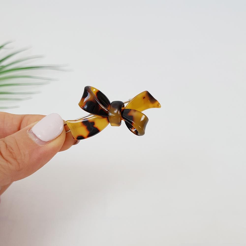 Tiny Double Ribbon Bobby Pin (1.8 Inch) / Tortoise Marble Leopard French Hair Pin Clip / Bow Barrette for Thin Hair