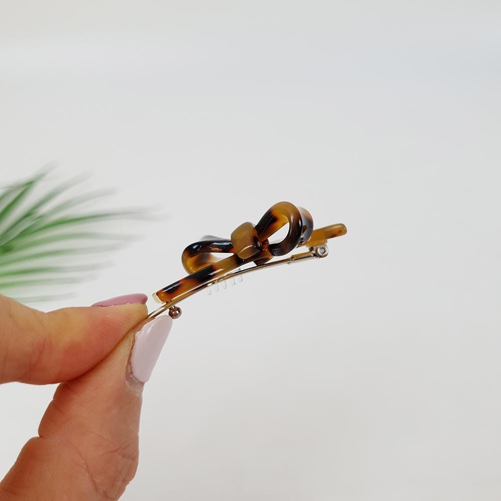 Tiny Double Ribbon Bobby Pin (1.8 Inch) / Tortoise Marble Leopard French Hair Pin Clip / Bow Barrette for Thin Hair