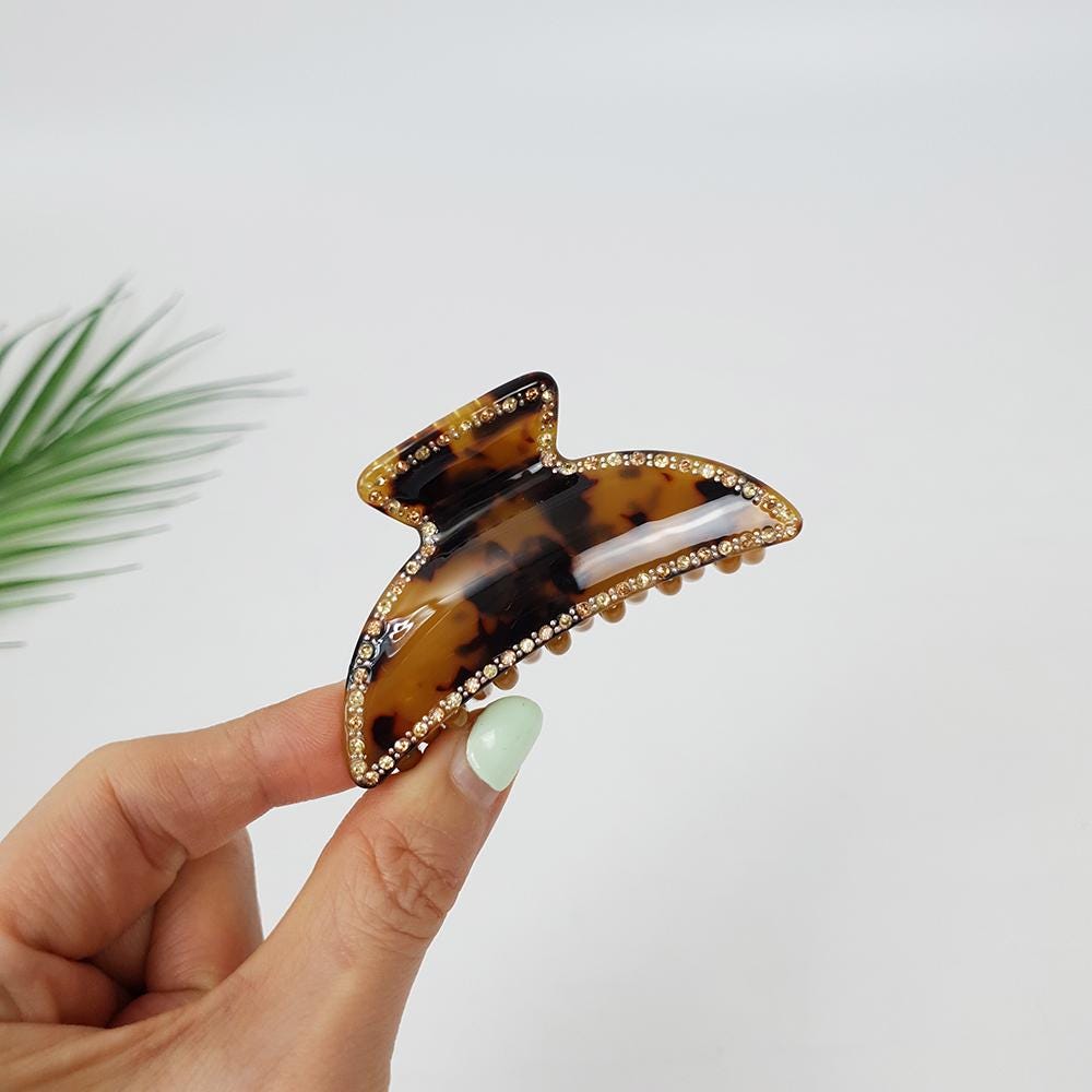 Tortoise Shell Half Moon Shape Hair Claw Clip with Cubic / Luxurious Cellulose French Hair Pin / Hair Barrette for Woman
