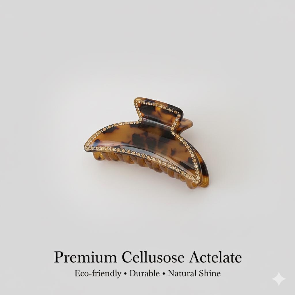 Tortoise Shell Half Moon Shape Hair Claw Clip with Cubic / Luxurious Cellulose French Hair Pin / Hair Barrette for Woman