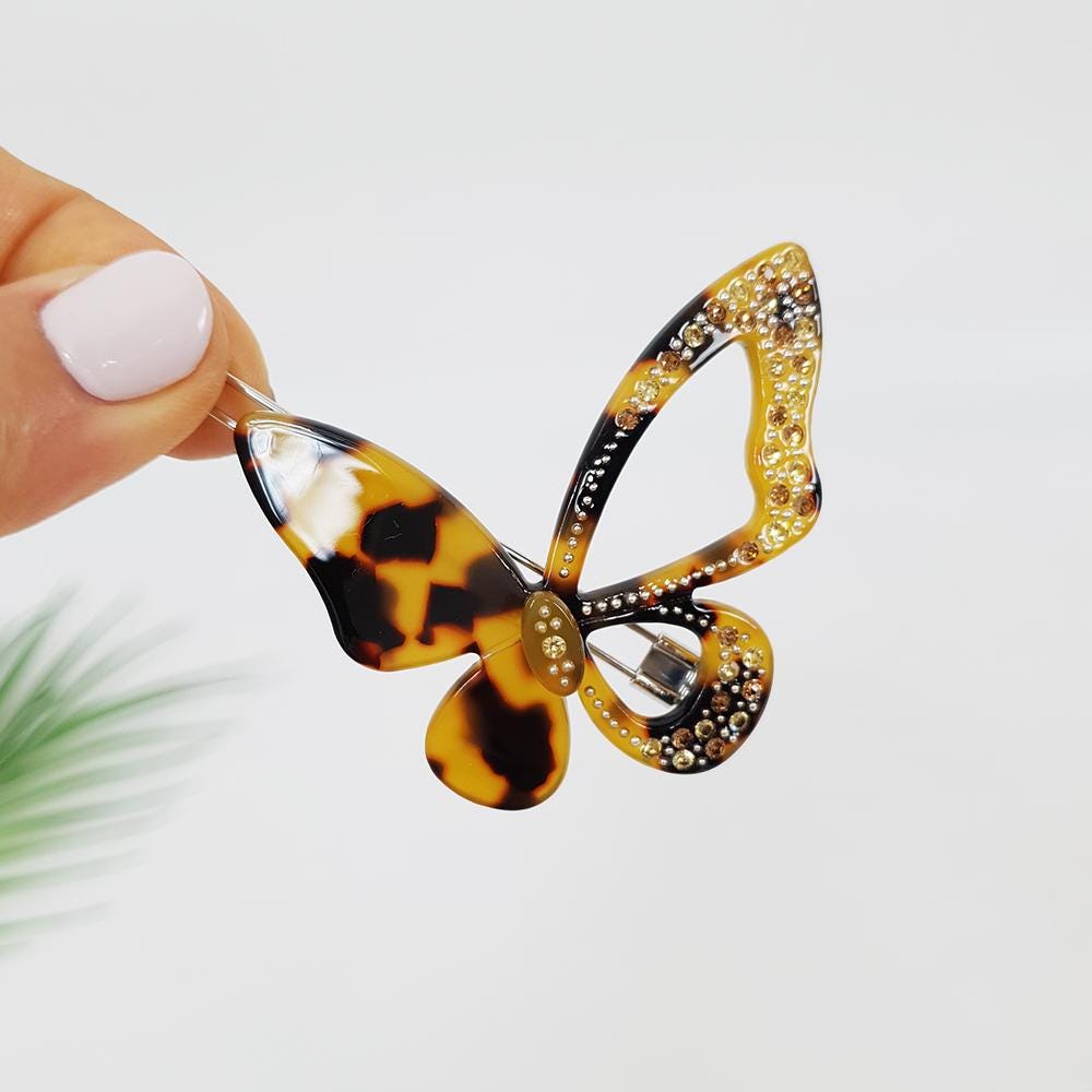 Tortoise Shell Butterfly Bobby Pin with Cubic / Vintage French Hair Pin / Hair Accessory for Woman / Butterfly Hair Clip