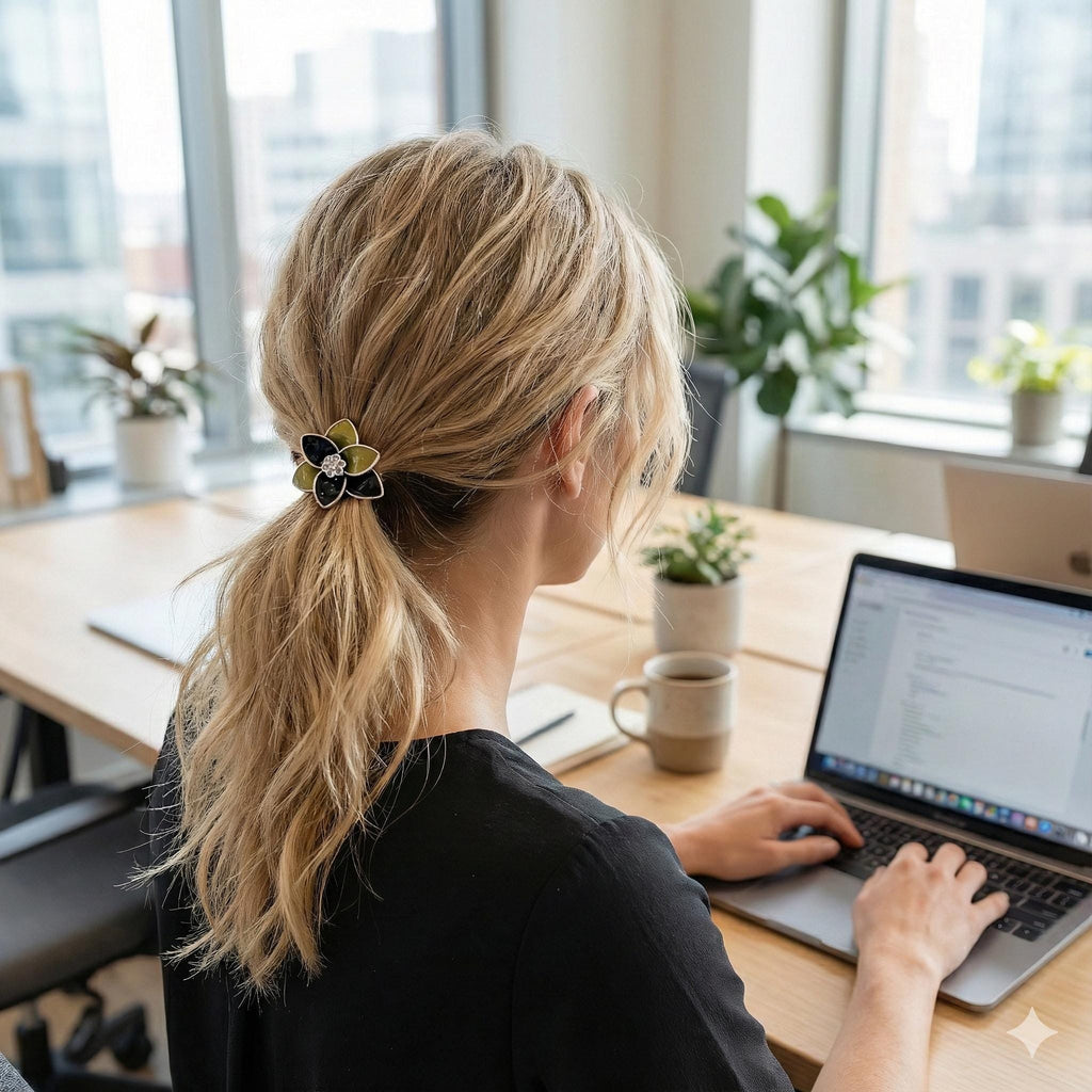 Lotus Pattern Ponytail Hair Tie (1.3 Inch) / Simple Cute Ponytail Holder / Hair Accessory for Woman / French Hair Tie