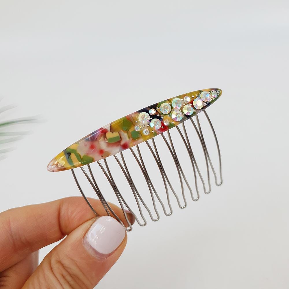 Tortoise Shell Long Oval Hair Comb Pin with Cubic / Vintage French Hair Pin / Hair Fork for Woman