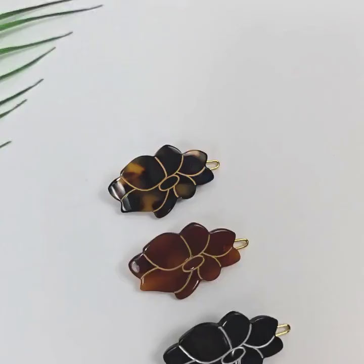 Camellia Floral Acetate Barrette (1.6 Inch) | French Pin | Korean Hair Pin | Small Tortoise Shell Snap Clip