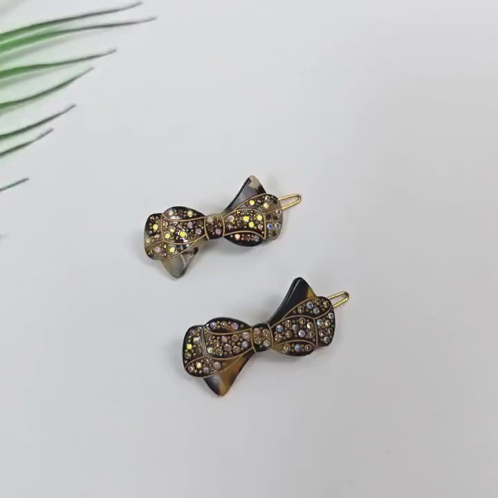 Crystal Bow Barrette (1.8 Inch) | French Pin | Korean Hair Pin | Tortoise Shell Accessories