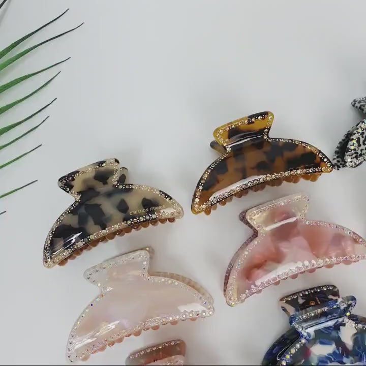 Tortoise Shell Half Moon Shape Hair Claw Clip with Cubic / Luxurious Cellulose French Hair Pin / Hair Barrette for Woman
