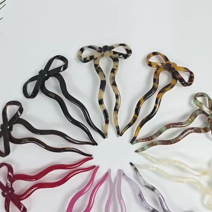 Bliss Ribbon Wave Updo Hair Stick (4.7 Inch) / Tortoise Shell French Hair Pin / Metal Hair Fork for Thick Hair / Hair Pin Stick