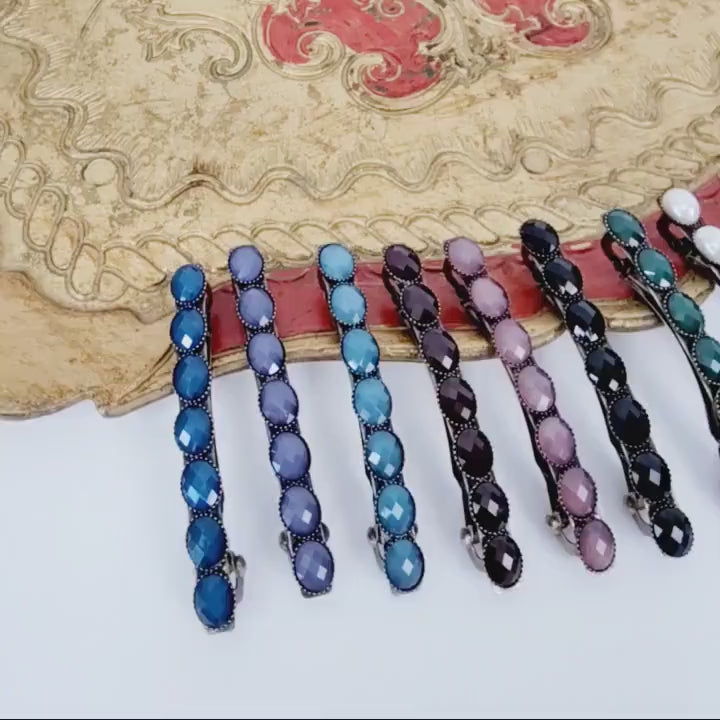 Oval Formica Hair Barrette (2.4 Inch) / Diamond Cut Formica Stone Decorated Barrette / Vintage Antique Hair Accessory / Automatic Hair Pin