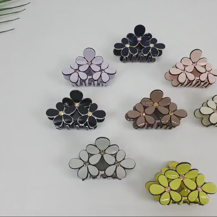 Triple Flower Hair Clips / Luxurious French Hair Pin with Cubic / Hair Accessory for Woman / Pastel Color Mini Claw Clip