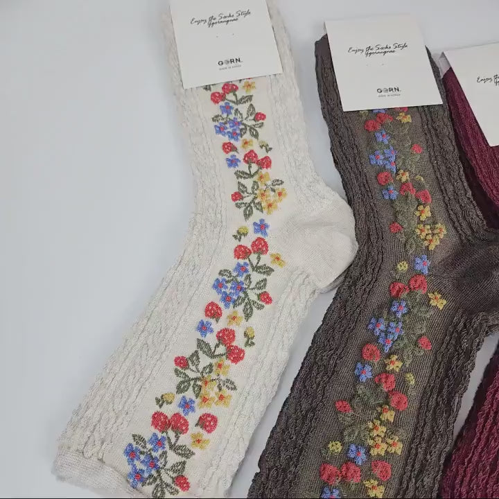 Vintage Floral Socks | Cotton Cable Knit Crew | Korean Socks | Christmas Gift for Her